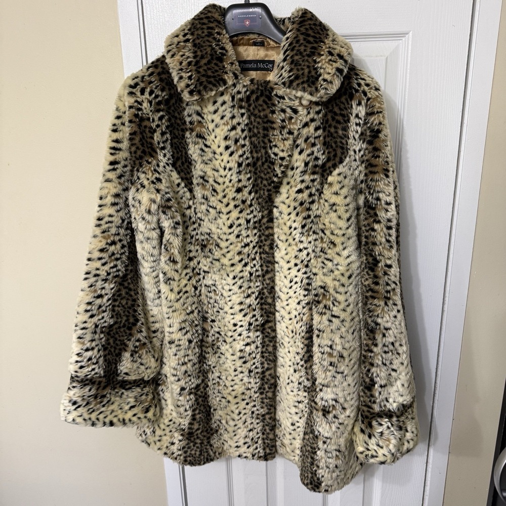 Pamela McCoy Faux Fur Coat Tiger Mills Leopard Print Sz S Excellent Mob Wife